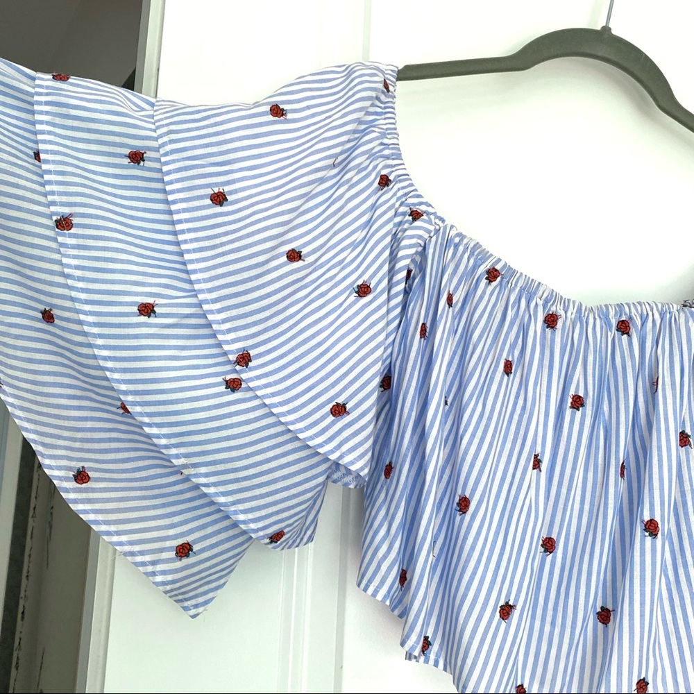 Olivaceous Crop Top BLOUSE Stripes Floral BLUE WHITE M - Picture 2 of 16